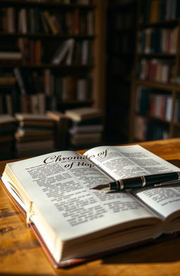 An open book on a wooden table with a stylish pen writing on the pages, the title 'Chronicles of Hope' elegantly written in a beautiful font on the top page