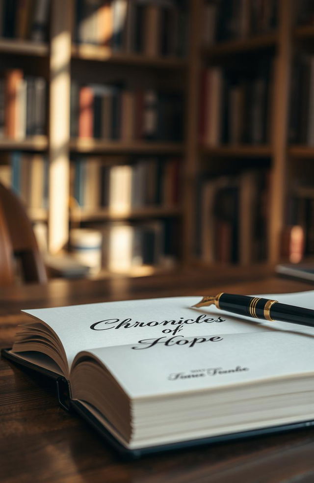 An open book on a wooden table with a stylish pen writing on the pages, the title 'Chronicles of Hope' elegantly written in a beautiful font on the top page