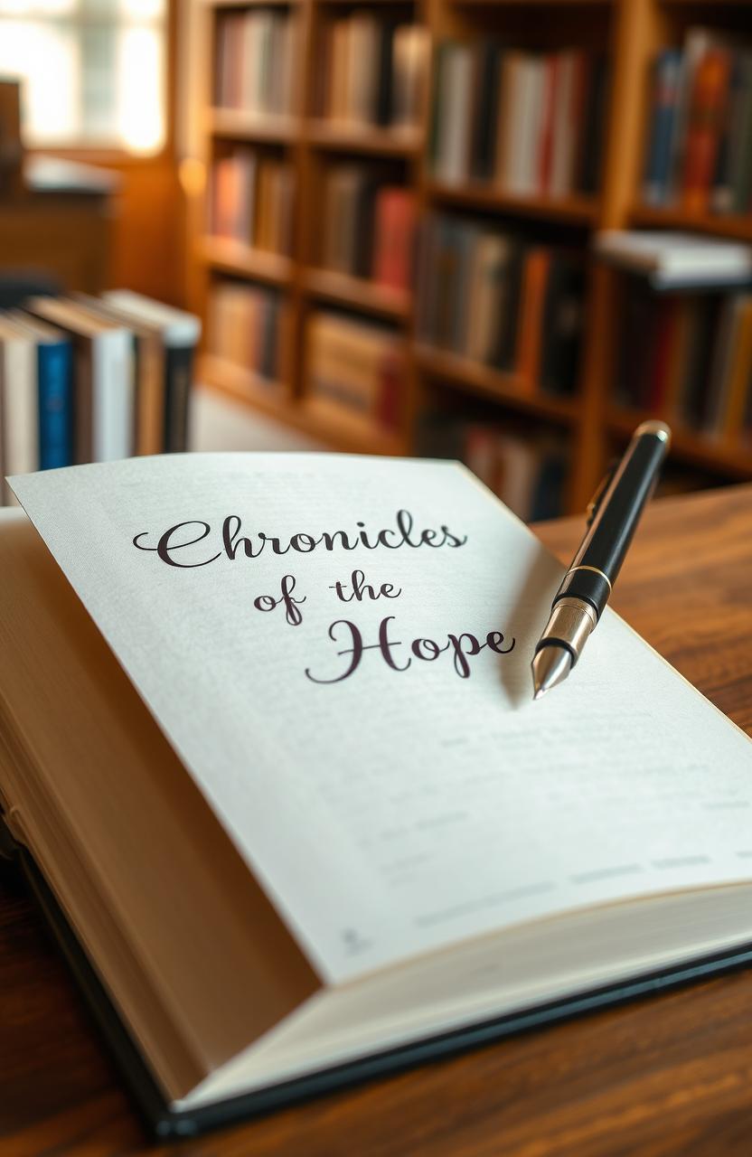 An open book on a wooden table with a stylish pen writing on the pages, the title 'Chronicles of Hope' elegantly written in a beautiful font on the top page