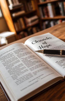 An open book on a wooden table with a stylish pen writing on the pages, the title 'Chronicles of Hope' elegantly written in a beautiful font on the top page