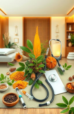 A comprehensive and visually engaging depiction of Ayurveda, showcasing its ancient practices and natural remedies, intermingling with modern medical techniques