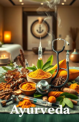 A comprehensive and visually engaging depiction of Ayurveda, showcasing its ancient practices and natural remedies, intermingling with modern medical techniques
