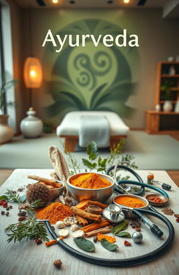A comprehensive and visually engaging depiction of Ayurveda, showcasing its ancient practices and natural remedies, intermingling with modern medical techniques