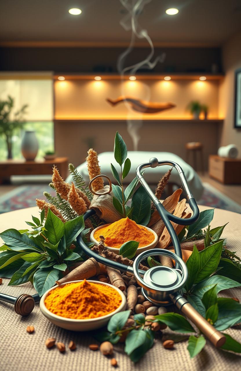 A comprehensive and visually engaging depiction of Ayurveda, showcasing its ancient practices and natural remedies, intermingling with modern medical techniques