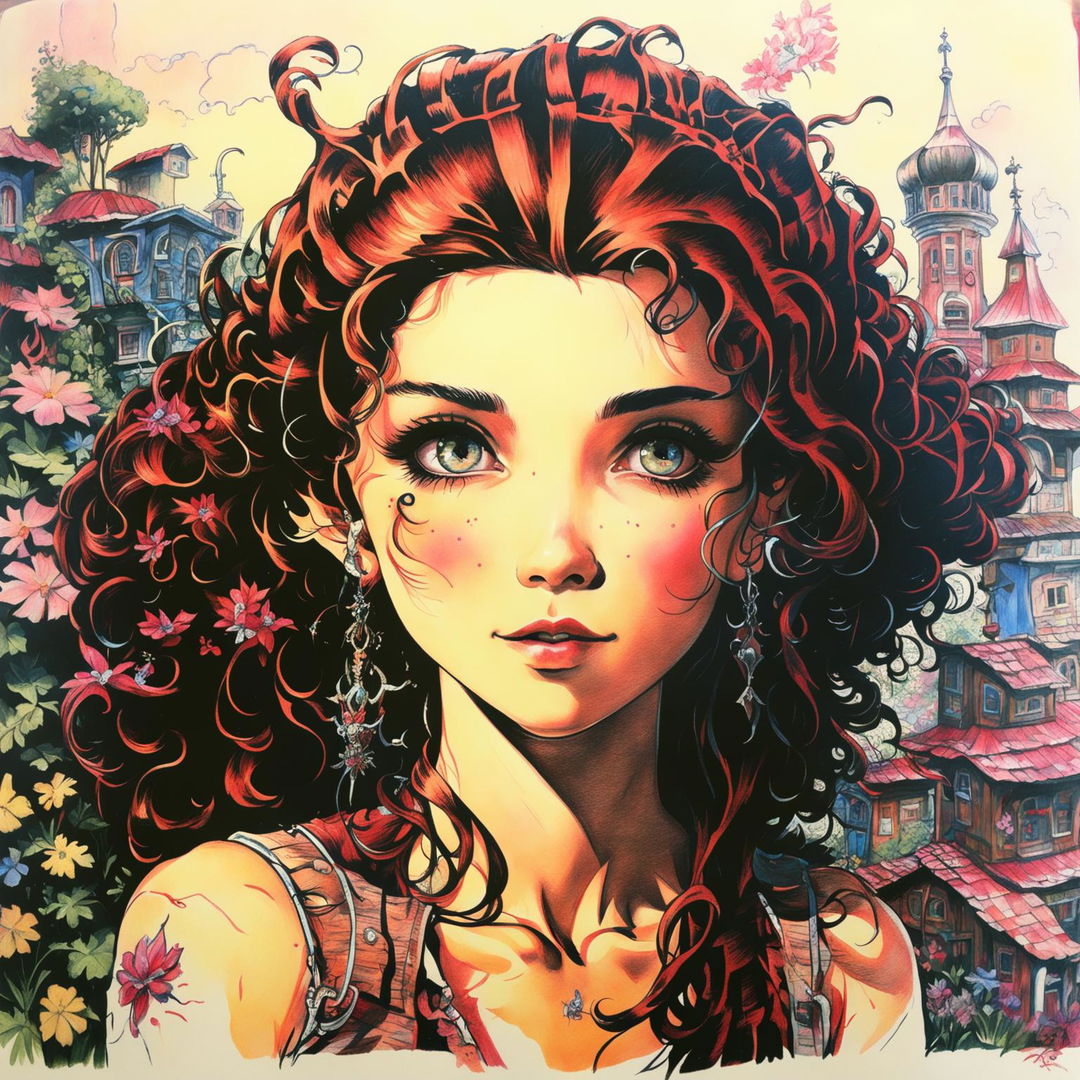 Ballpoint pen sketch of a different Russian elfish woman with curly brown hair and elf ears in a vibrant, flower-filled rococo Russian town on a breezy afternoon. Her face is intricately detailed.