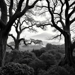 A serene and expansive view of ancient Japanese nature, featuring towering trees with intricate bark, lush undergrowth, and distant misty mountains