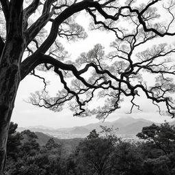 A serene and expansive view of ancient Japanese nature, featuring towering trees with intricate bark, lush undergrowth, and distant misty mountains