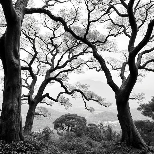 A serene and expansive view of ancient Japanese nature, featuring towering trees with intricate bark, lush undergrowth, and distant misty mountains