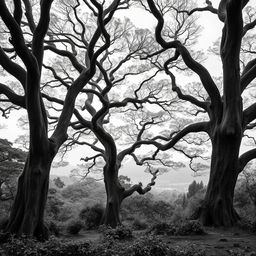 A serene and expansive view of ancient Japanese nature, featuring towering trees with intricate bark, lush undergrowth, and distant misty mountains