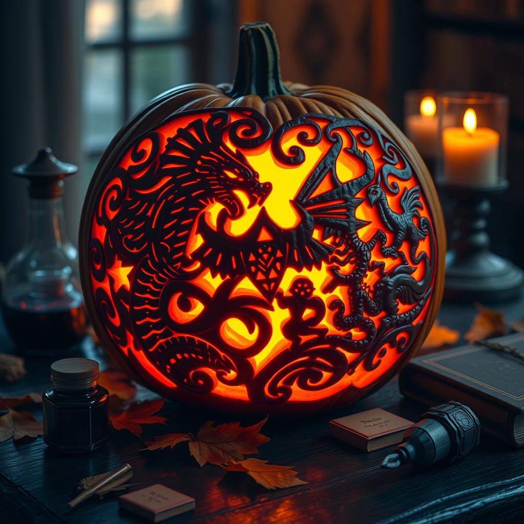 A beautifully carved Dungeons & Dragons-themed jack-o'-lantern, showcasing intricate designs reminiscent of classic fantasy elements