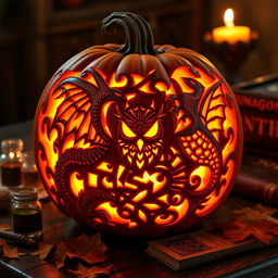 A beautifully carved Dungeons & Dragons-themed jack-o'-lantern, showcasing intricate designs reminiscent of classic fantasy elements