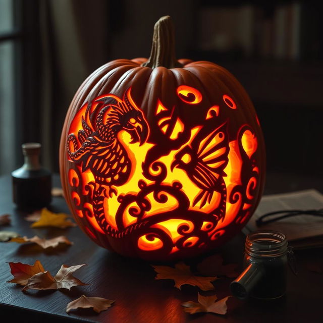 A beautifully carved Dungeons & Dragons-themed jack-o'-lantern, showcasing intricate designs reminiscent of classic fantasy elements