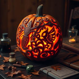 A beautifully carved Dungeons & Dragons-themed jack-o'-lantern, showcasing intricate designs reminiscent of classic fantasy elements