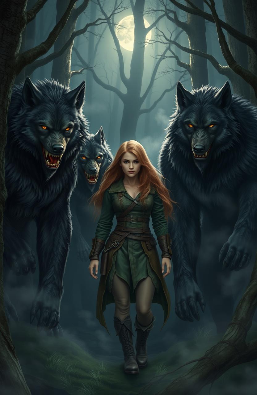 A scene depicting four werewolves surrounding a human female, set in a dark, mysterious forest with fog twisting around the trees