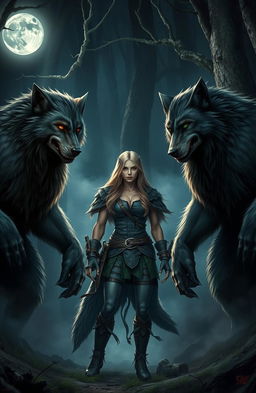 A scene depicting four werewolves surrounding a human female, set in a dark, mysterious forest with fog twisting around the trees