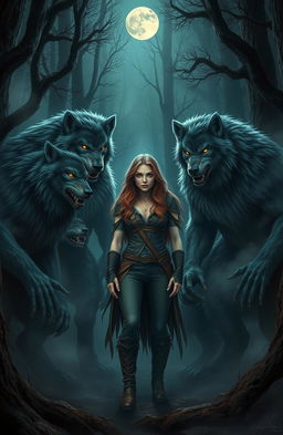 A scene depicting four werewolves surrounding a human female, set in a dark, mysterious forest with fog twisting around the trees