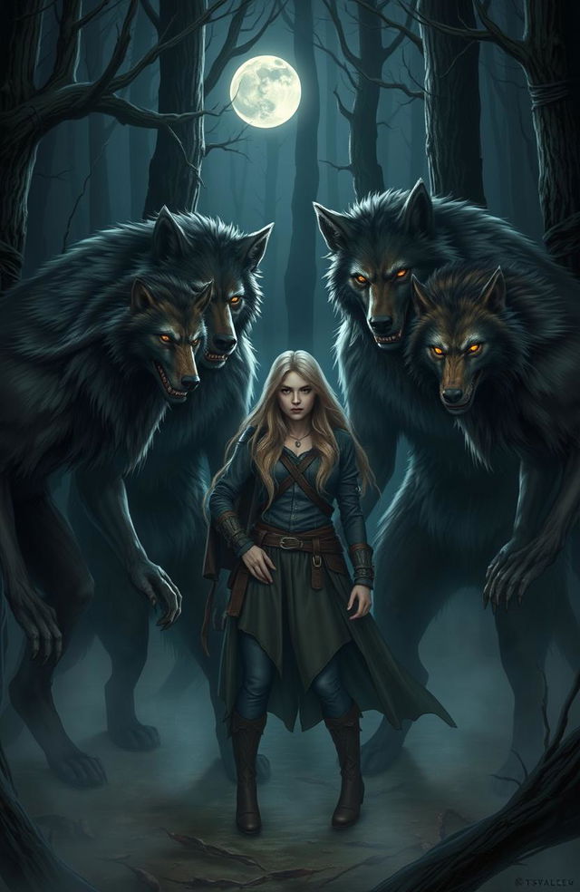 A scene depicting four werewolves surrounding a human female, set in a dark, mysterious forest with fog twisting around the trees