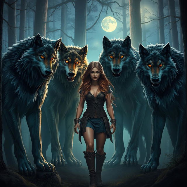 A dramatic scene featuring four werewolf brothers and a human female, set in an enchanting yet eerie forest at twilight