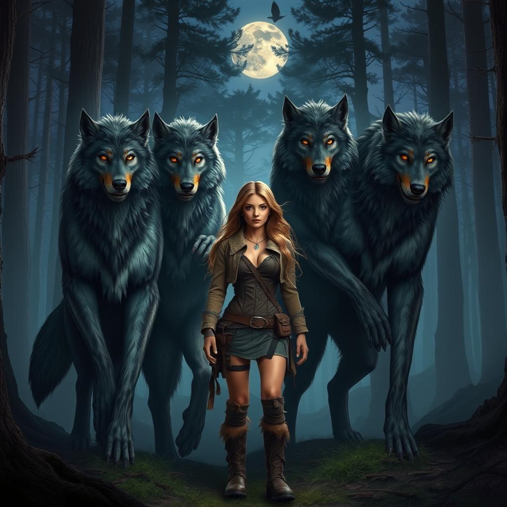 A dramatic scene featuring four werewolf brothers and a human female, set in an enchanting yet eerie forest at twilight