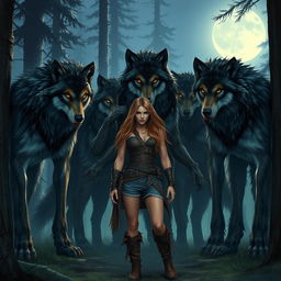 A dramatic scene featuring four werewolf brothers and a human female, set in an enchanting yet eerie forest at twilight