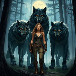 A dramatic scene featuring four werewolf brothers and a human female, set in an enchanting yet eerie forest at twilight