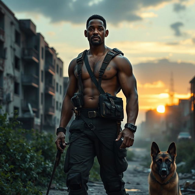 A cinematic trailer scene featuring Will Smith standing heroically in a post-apocalyptic cityscape, with crumbling buildings and overgrown vegetation in the background