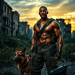 A cinematic trailer scene featuring Will Smith standing heroically in a post-apocalyptic cityscape, with crumbling buildings and overgrown vegetation in the background