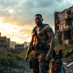 A cinematic trailer scene featuring Will Smith standing heroically in a post-apocalyptic cityscape, with crumbling buildings and overgrown vegetation in the background