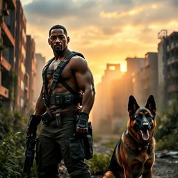 A cinematic trailer scene featuring Will Smith standing heroically in a post-apocalyptic cityscape, with crumbling buildings and overgrown vegetation in the background