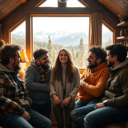 A captivating scene featuring four brothers, who showcase strong familial bonds, alongside a human female in a cozy, rustic cabin setting