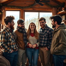 A captivating scene featuring four brothers, who showcase strong familial bonds, alongside a human female in a cozy, rustic cabin setting