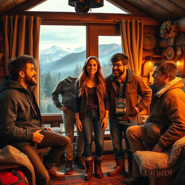 A captivating scene featuring four brothers, who showcase strong familial bonds, alongside a human female in a cozy, rustic cabin setting