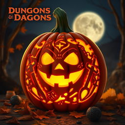 A whimsical Dungeons & Dragons-inspired jack-o'-lantern known as 'Pumpkin Jack', featuring a creative and enchanting design