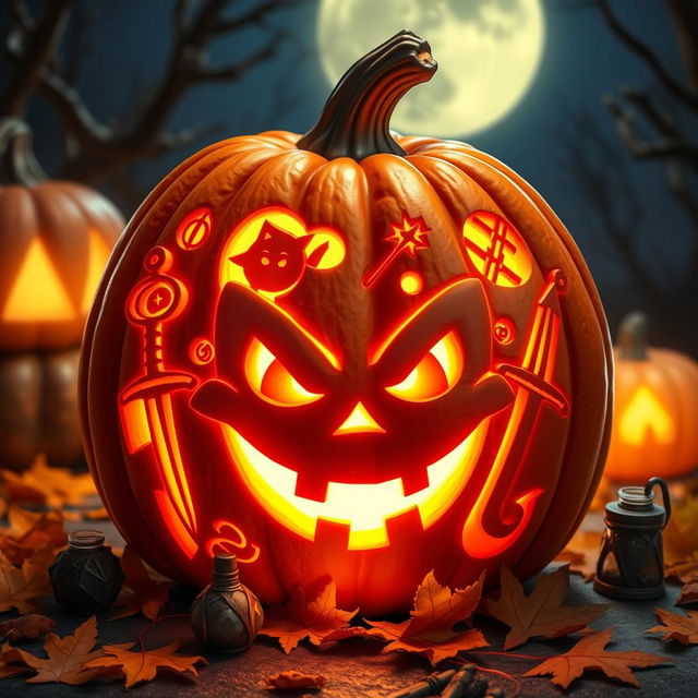 A whimsical Dungeons & Dragons-inspired jack-o'-lantern known as 'Pumpkin Jack', featuring a creative and enchanting design