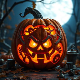 A whimsical Dungeons & Dragons-inspired jack-o'-lantern known as 'Pumpkin Jack', featuring a creative and enchanting design