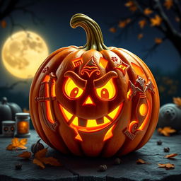 A whimsical Dungeons & Dragons-inspired jack-o'-lantern known as 'Pumpkin Jack', featuring a creative and enchanting design