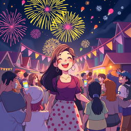 A cheerful scene of a woman at a mysterious festival in a small town, filled with joy amidst a mysterious celebration