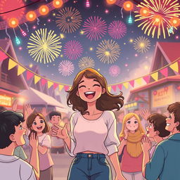 A cheerful scene of a woman at a mysterious festival in a small town, filled with joy amidst a mysterious celebration