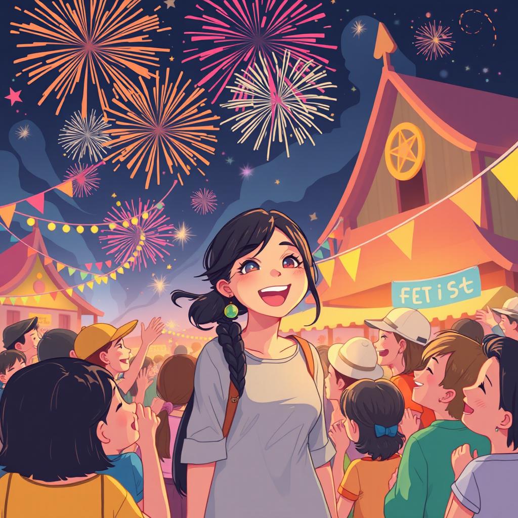 A cheerful scene of a woman at a mysterious festival in a small town, filled with joy amidst a mysterious celebration