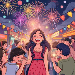A cheerful scene of a woman at a mysterious festival in a small town, filled with joy amidst a mysterious celebration