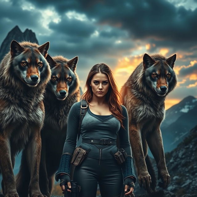 An intense and captivating scene featuring four alpha lycan brothers alongside a human female, set in a rugged mountainous landscape during a dramatic twilight