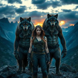 An intense and captivating scene featuring four alpha lycan brothers alongside a human female, set in a rugged mountainous landscape during a dramatic twilight