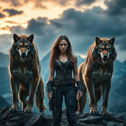 An intense and captivating scene featuring four alpha lycan brothers alongside a human female, set in a rugged mountainous landscape during a dramatic twilight