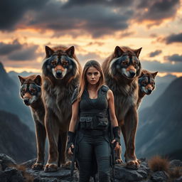 An intense and captivating scene featuring four alpha lycan brothers alongside a human female, set in a rugged mountainous landscape during a dramatic twilight