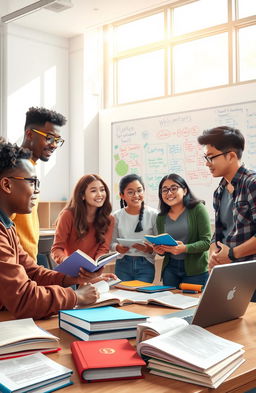 An artistic representation of students working collaboratively on an English project, surrounded by books, notepads, and laptops