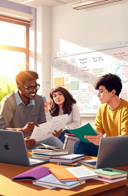 An artistic representation of students working collaboratively on an English project, surrounded by books, notepads, and laptops