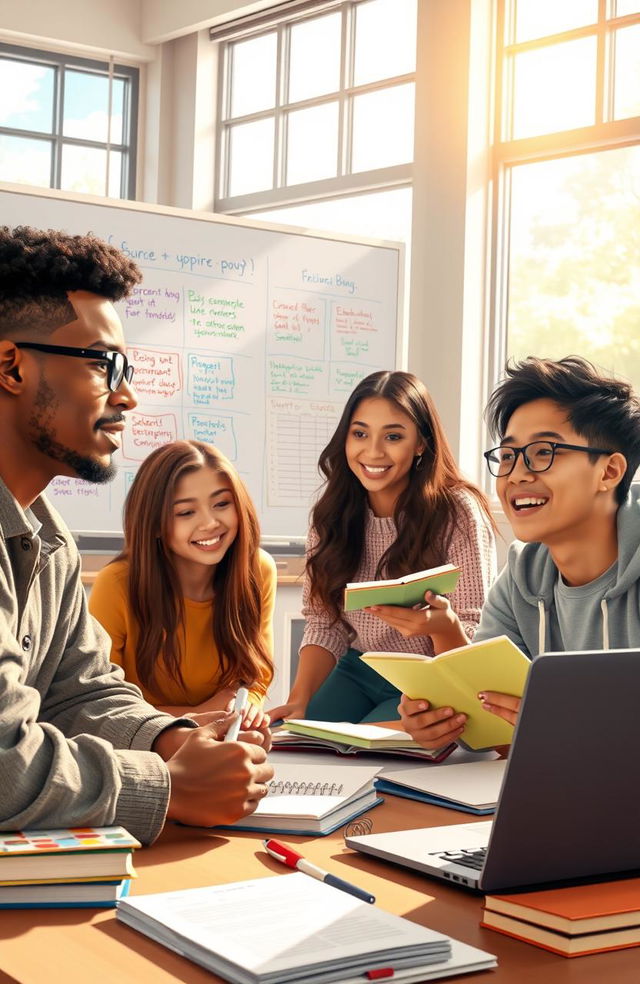 An artistic representation of students working collaboratively on an English project, surrounded by books, notepads, and laptops