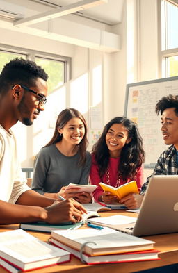 An artistic representation of students working collaboratively on an English project, surrounded by books, notepads, and laptops