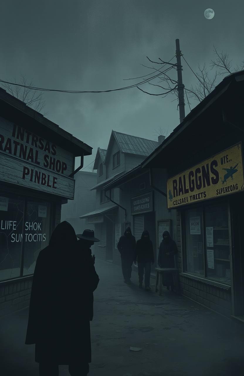 A scene depicting rundown township shops, showcasing small businesses with cracked windows, faded signage, and peeling paint to symbolize their hardship