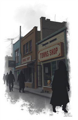 A scene depicting rundown township shops, showcasing small businesses with cracked windows, faded signage, and peeling paint to symbolize their hardship